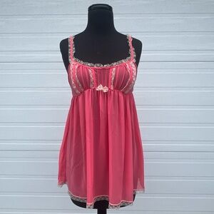 VTG Victoria’s Secret Sheer Mesh Lace Trim Milkmaid Babydoll in Pink and White M